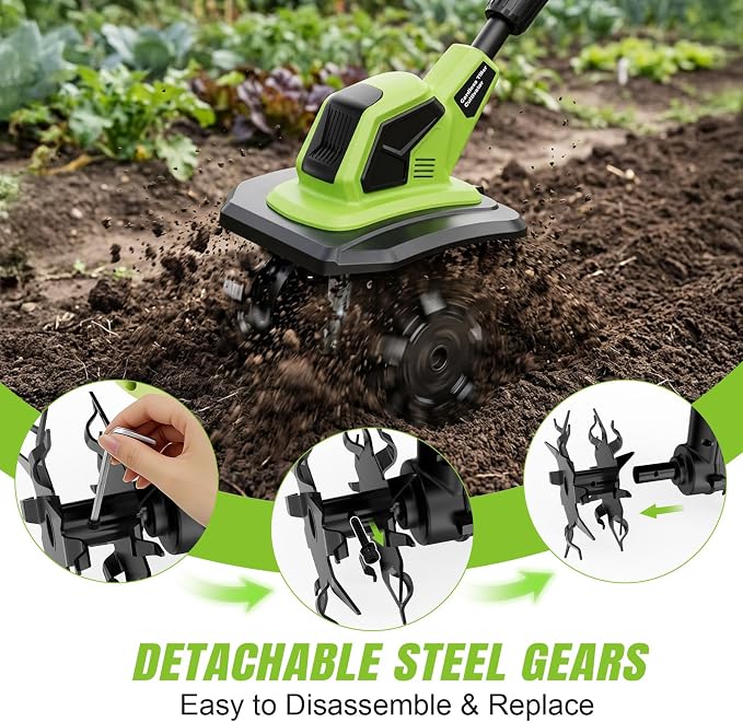6000mAh Cordless Rototiller Tiller for Gardening,20v Battery Powered Electric Garden Tiller Cultivator,9" Width 7" Depth,Lightweight Small SoilTiller for Cultivating/Lawn/Garden Tool (Green)