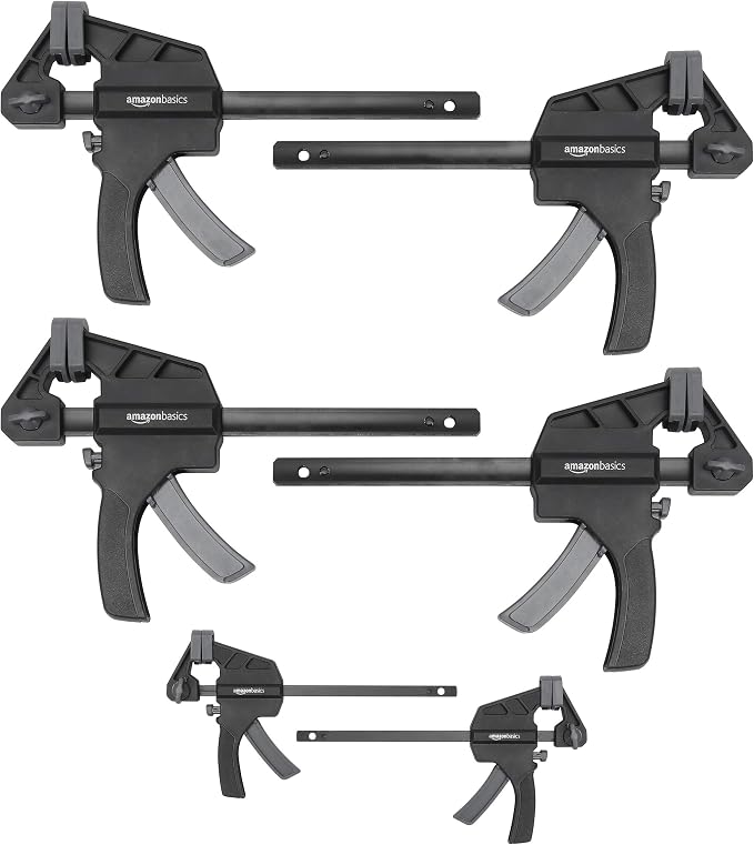 Amazon Basics 6-Piece Easy-to-Use One-Handed Trigger Clamp Set, 2 Pack of 4-inch, 4 Pack of 6-inch, Black/Grey