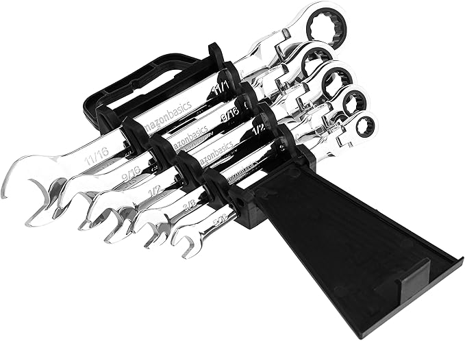 Amazon Basics 72-Tooth Ratcheting Combination Wrench Set, Chrome Vanadium Steel Flexible Head, 5-Piece SAE Sizes 5/16", 3/8", 1/2", 9/16", 11/16", Chrome Finish