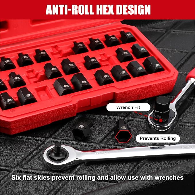 MIXPOWER 27-Piece 3/8" Drive Stubby Impact Hex Bit Socket Set,SAE/Metric, 5/32"-11/16",4mm-17mm, S2 Steel Air Drive Low Profile Socket Set,Impact Grade,Anti-Roll Design