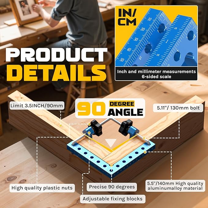 Professional 90 Degree Corner Clamp Set, CNC Aluminum Right Angle Clamp 140mm/5.5", Precision Wood Working Clamps with Dual Scale, L-Shaped Screws, Ideal for DIY, Cabinet, Box & Frame Assembly