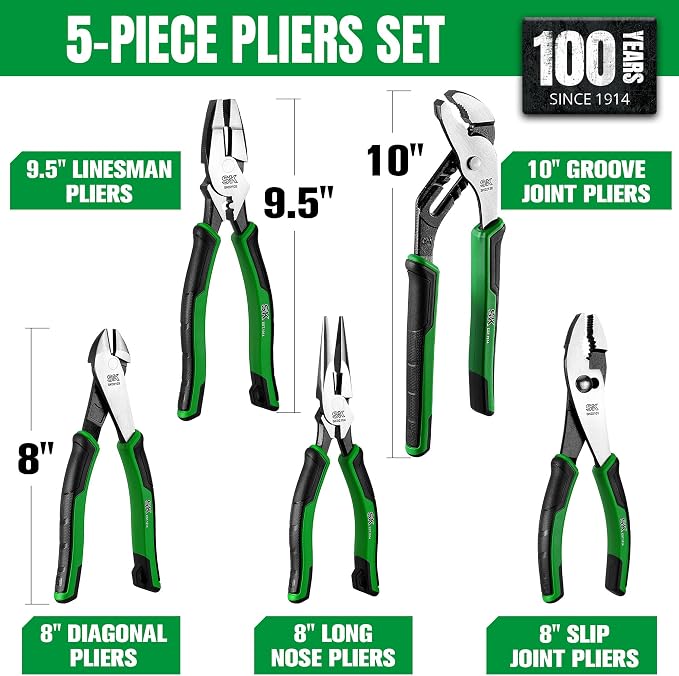 SK 5-Piece Pliers Set, Anti-slip Handle, with EVA Foam Tool Organizer | 8" Long Nose Pliers, 9.5" Linesman Pliers, 8" Slip Joint, 8" Diagonal Cutters, and 10" Water Pump Pliers