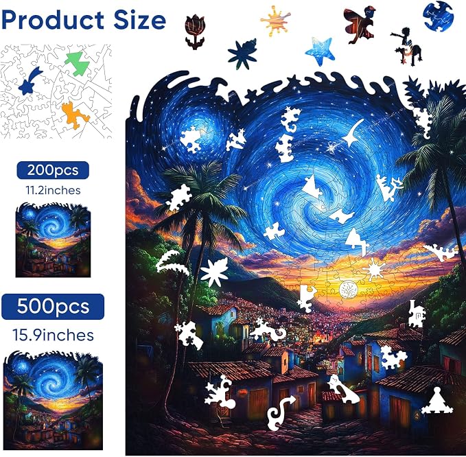 Mys Aurora 500 Pieces Puzzles for Adults, Starry Night Wooden Puzzles, Unique Shaped Jigsaw Puzzle Birthday Scenery Gift Challenging Family Game for Kids and Adults 15.9 * 15.9 Inches