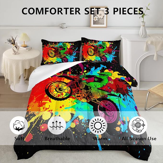 Axolotl Motocross Bedding Set Twin,Dirt Bike Comforter Set,Extreme Sports Bedding,Motorcycle Racer Comforter Set Motocross Comforter Motor Vehicles Biker for Boys Kids Teens Men,1 Quilt 2 Pillowcases