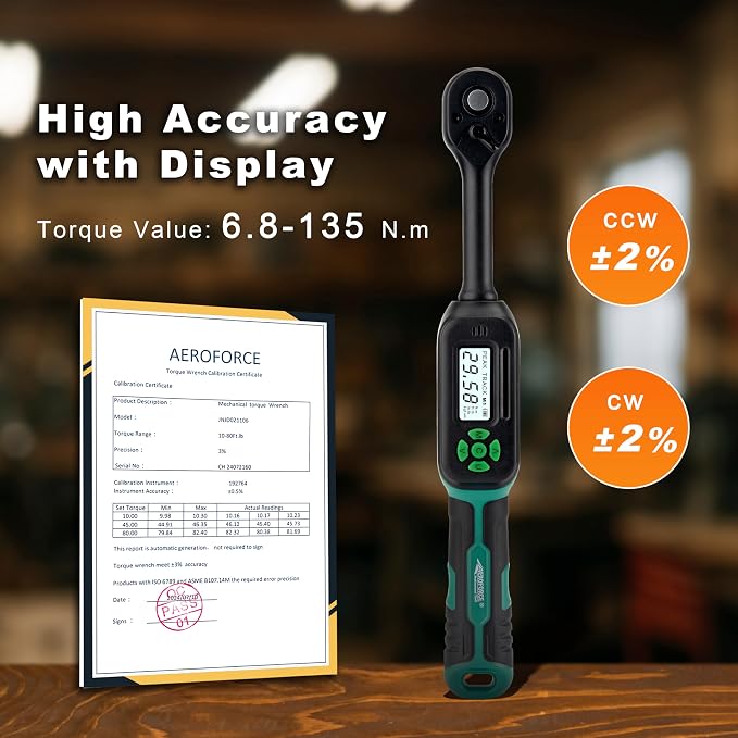 AEROFORCE Digital Torque Wrench - 3/8 Inch Drive Electric Torque Wrench (6.8-135Nm), Features Dual-Direction Ratchet, ±2% Accuracy, Buzzer & LED Alerts, 4-Measurement Unit (Nm/lb.ft/in.lb/kgf.cm)