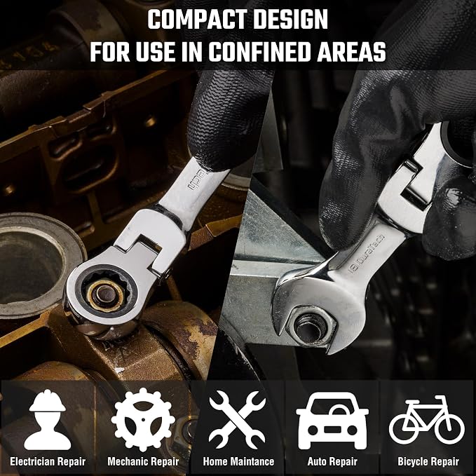DURATECH Stubby Flex-head Ratcheting Wrench Set, Metric, 12-piece | 8mm-19mm, CR-V Steel, Corrosion Resistance, 72-Tooth, 5° swing arc, 180° Flexible, for Narrow Spaces, with Pouch