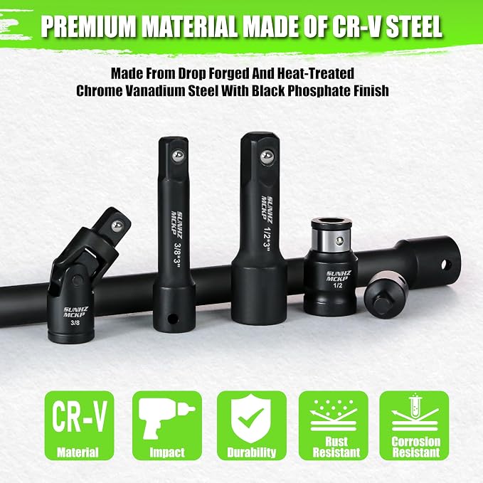 18-Piece Impact Socket Extension Set - 1/4" 3/8" 1/2" Drive Socket Extension Bars, Includes Ratchet Extension Set, Socket Adapter Set, Swivel Universal Joints & Impact Coupler, CR-V Steel