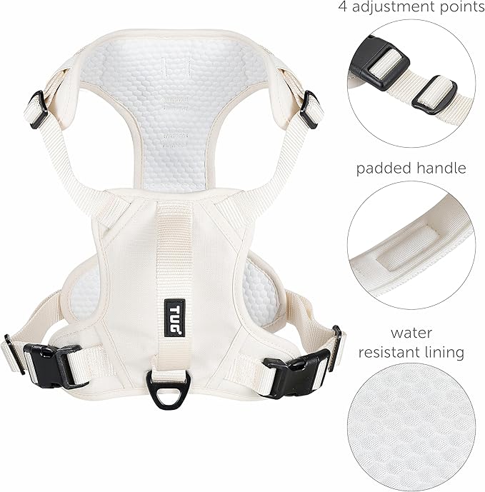 TUG No-Pull Dog Harness, 2 Leash Clips + Padded Handle (Medium, Cream) | Water-Resistant Padded Interior | No-Pull Front Clip | Padded Back Handle | Adjustable Straps