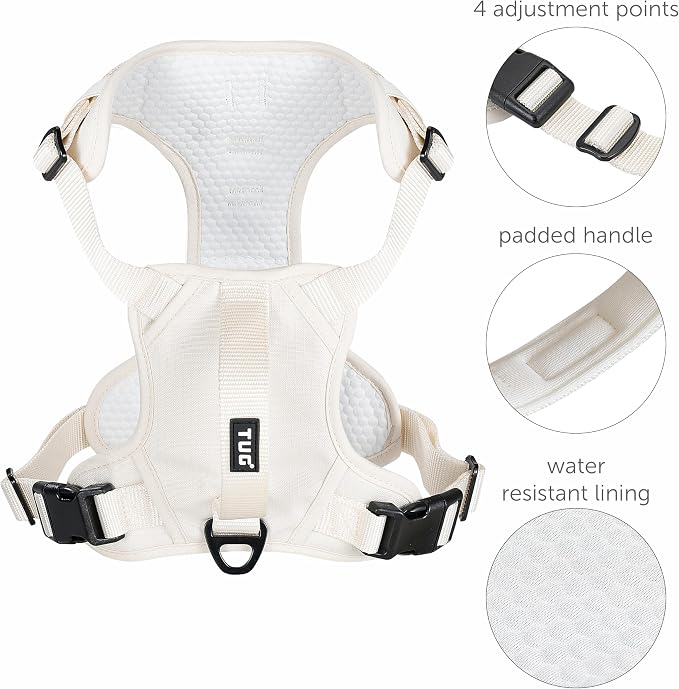 TUG No-Pull Dog Harness, 2 Leash Clips + Padded Handle (Large, Cream) | Water-Resistant Padded Interior | No-Pull Front Clip | Padded Back Handle | Adjustable Straps