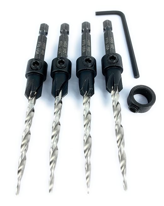 FTG USA Countersink Drill Bit Set 4 Pc #8 (11/64") Wood Bit, Tapered Bit, Stop Collar, Hex Wrench for Woodworking