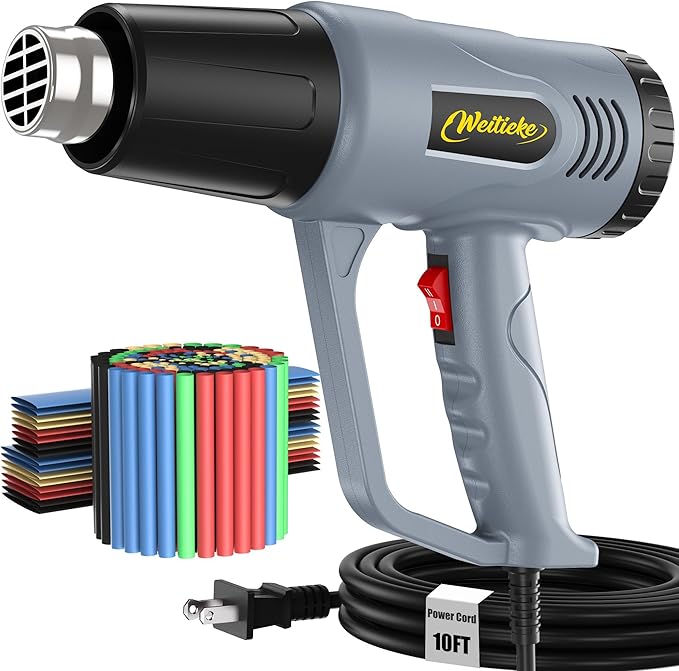 Heat Gun, 2 Temperature Settings 572℉&1112℉, 900W-1300W Hot Air Gun with Overload Protection, 10FT Extra Long Cord, Handheld Heat Gun with Heat Shrink Tubing Kit for Packaging Shrinking, DIY Crafts