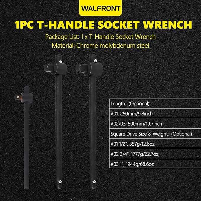 Walfront Sliding Wrench Breaker Bar T Handle Socket Wrench Heavy Duty Steel Ergonomic Design 3/4 Inch 1777g