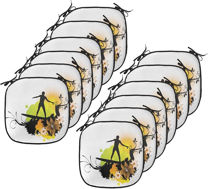 Lunarable Hawaiian Chair Cushion Pads Set 12, Surf Design Athlete Youth Culture Sea Water Sports Waves Under Sun, Anti-Slip Seat Padding for Kitchen & Patio, 16"x16", Yellow Black Apple Green