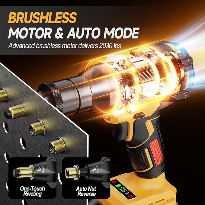 Cordless Rivet Nut Gun for Dewalt 20V Max Battery, Electric Rivet Nut Tool with 1/4", 5/16", 3/8" Nut Head, Portable Battery Powered Rivetnut Tool, Auto Mode & Memory Mode, Tool Only