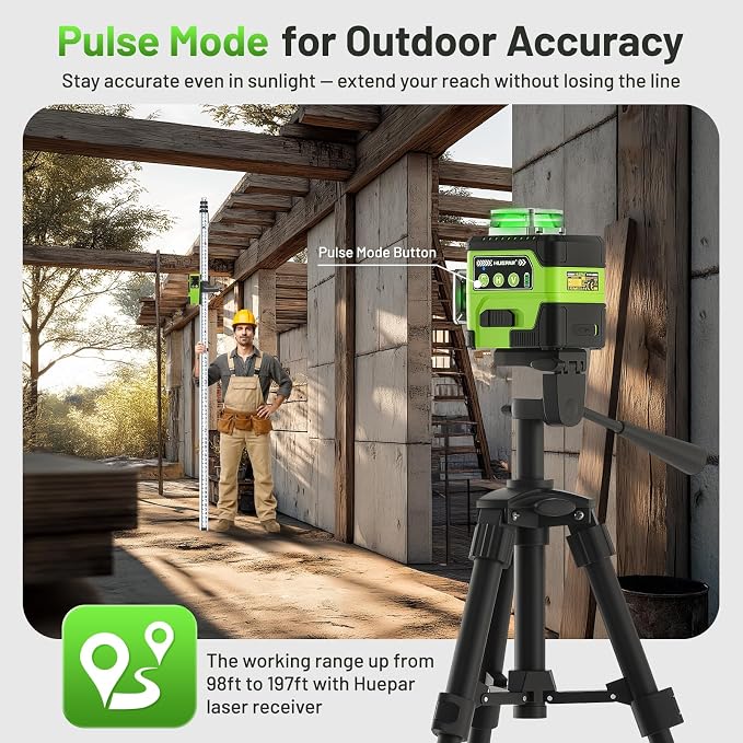 HUEPAR Laser Level 360 Self Leveling with LCD Screen, 3 x 360° High Brightness Rechargeable 3D Lazer Leveler Tool for Construction and Picture Hanging, Strong Magnetic Bracket&Hard Carry Case -Y03CG