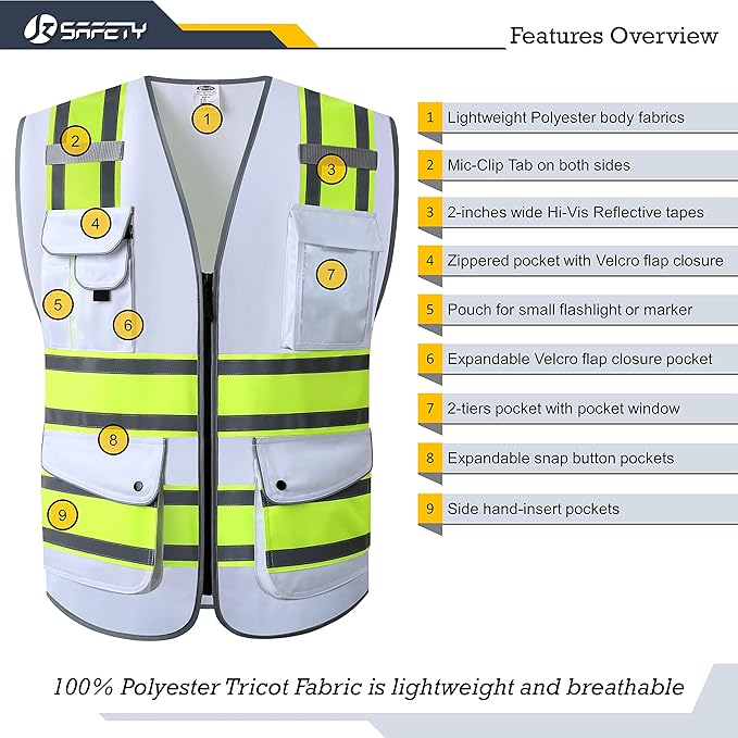 JKSafety 9 Pockets High Visibility Zipper Front Safety Vest | White with Dual Tone High Reflective Strips | Meets ANSI/ISEA Standards (901-White, XX-Large)