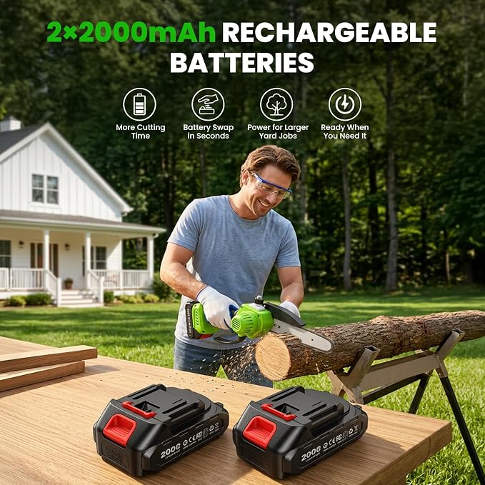 Mini Chainsaw Cordless, 8&6 IN Brushless Electric Chainsaw Battery Powered | 1000W Battery Powered Chainsaw with Auto Oiler & 2×2000mAh Batteries for Tree Branch Wood Cutting, Gift for Men Dad Husband