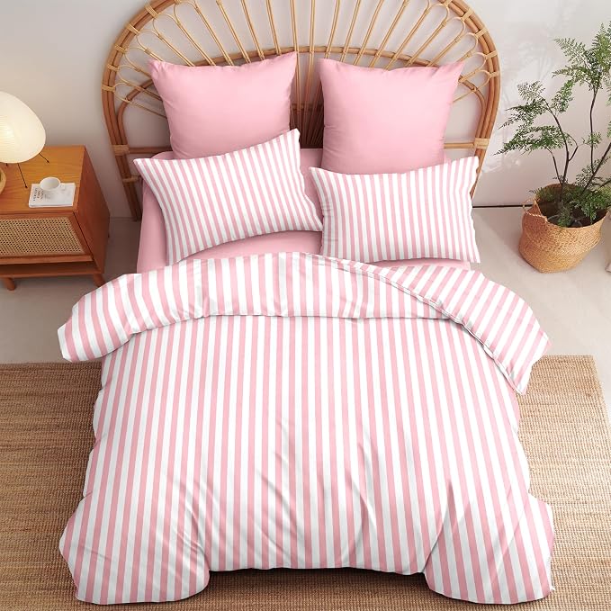 Sedefen Striped Duvet Cover King Size Pink Stripe Geometry Bedding Set for Girls 3 Pieces Soft Microfiber Reversible White Geometric Stripes Comforter Cover with Zipper Closure and 2 Pillowcases