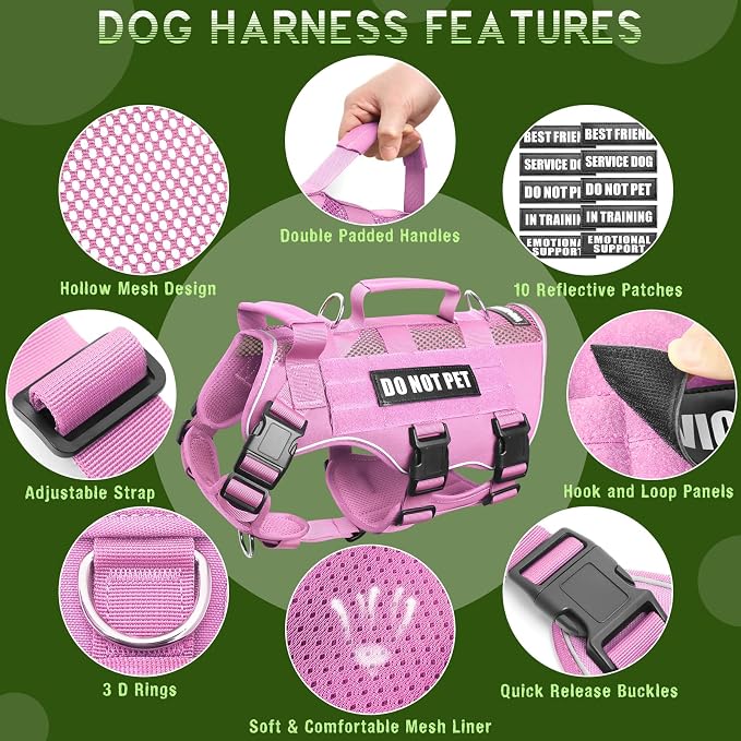 Tactical Molle Vest Mesh Dog Harness with 10 Removale Pet Patches | Breathable Service Dog harness with Double Soft Padded Handle for Small Dog, Reflective Military Pet Vest for Walk Hiking