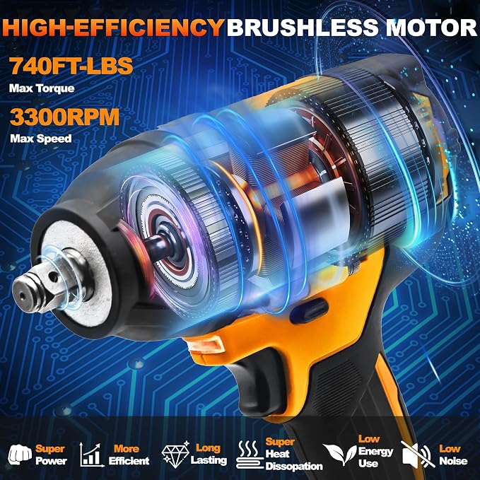 Cordless Impact Wrench 1000N.m (740Ft-Lbs) with 21V 2X4.0mAh Batteries | 1/2 Inch Impact Drive, Brushless Motor 0-3300PRM, 3-Mode Speed, 1/2" Impact Gun with 6 Socket for Home Car Pickup Truck RV