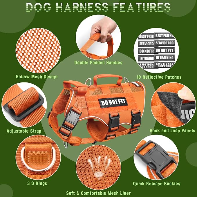 Tactical Molle Vest Mesh Dog Harness with 10 Removale Pet Patches | Breathable Service Dog harness with Double Soft Padded Handle for Medium Dog, Reflective Military Pet Vest for Walk Hiking