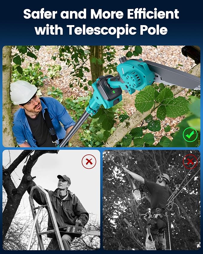 8" Electric Pole Saws for Tree Trimming,Brushless Mini Chainsaw Cordless with Extension Pole 2 Batteries, Battery Powered Hand Held Chain Saw Pole Pruner for Cutting Tree Limbs, Gifts for Mother's Day