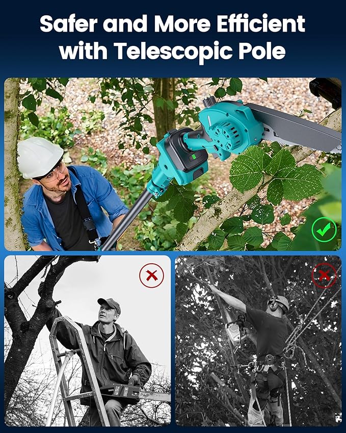 8" Electric Pole Saws for Tree Trimming,Brushless Mini Chainsaw Cordless with Extension Pole 2 Batteries, Battery Powered Hand Held Chain Saw Pole Pruner for Cutting Tree Limbs, Gifts for Mother's Day