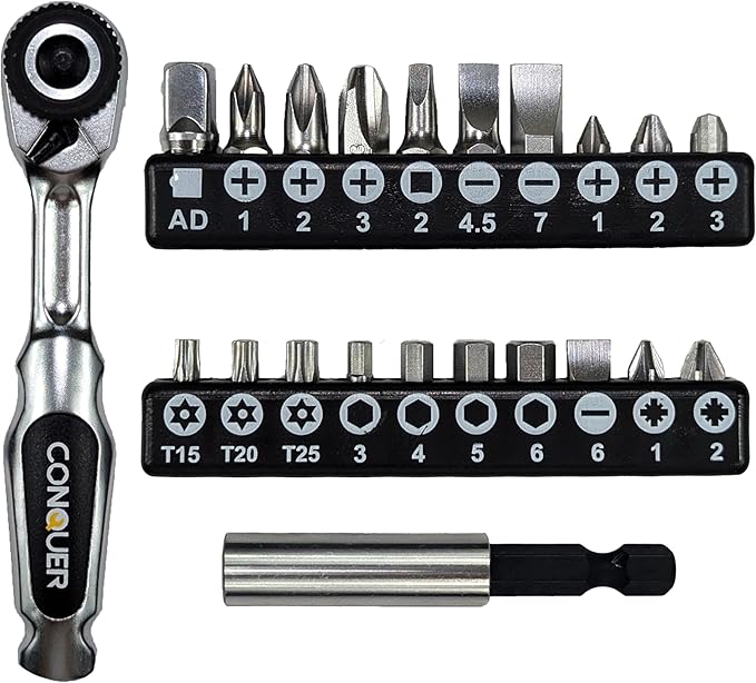 CONQUER 22pc Mini Ratchet Screwdriver Set, 1/4" Right Angle Phillips Kit | 72-tooth gear, 5° swing, 48 ft-lbs torque, Cr-V/S2 steel, spin disk, quick-release bits, EVA tray, EDC tight-space tool
