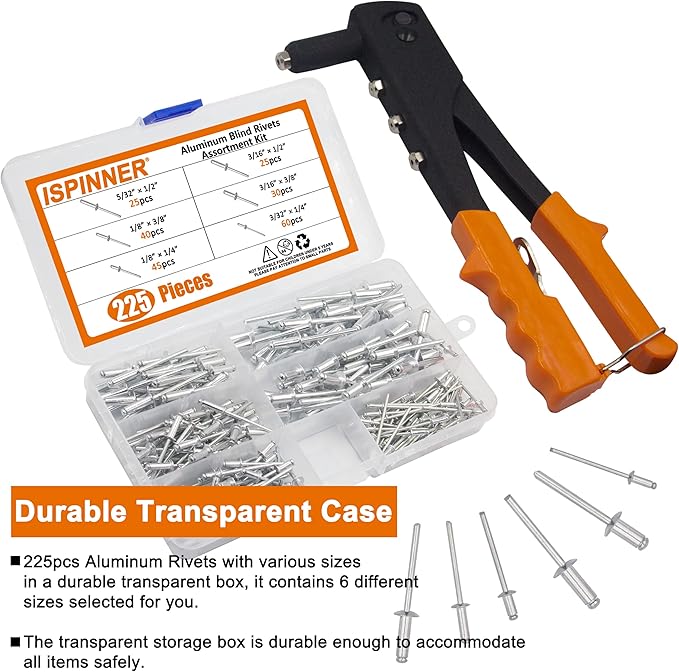 ISPINNER 225pcs Aluminum Blind Rivets Assortment Kit with Heavy Duty Hand Riveter Rivet Gun Tool, 6 Sizes Pop Rivets