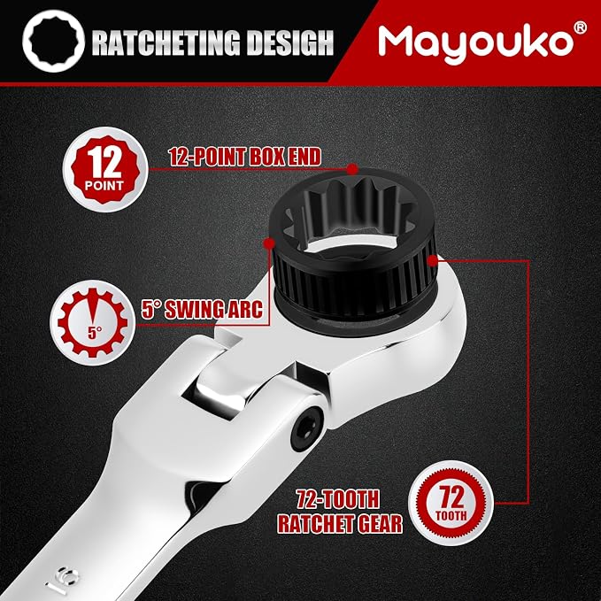 Mayouko 16-Piece Flex-Head Ratcheting Combination Wrench Set, Metric 6-22mm, 72-Teeth, CR-V Steel, With Rolling Pouch