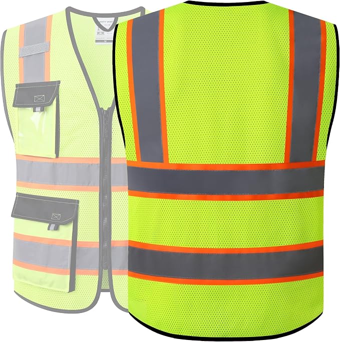 JKSafety Hi Vis Reflective Safety Vests for Men Women High Visibility Vest with Pockets Mesh Fabric Construction Safety Apparel Neon Vest for Work (220-Yellow 5XL)