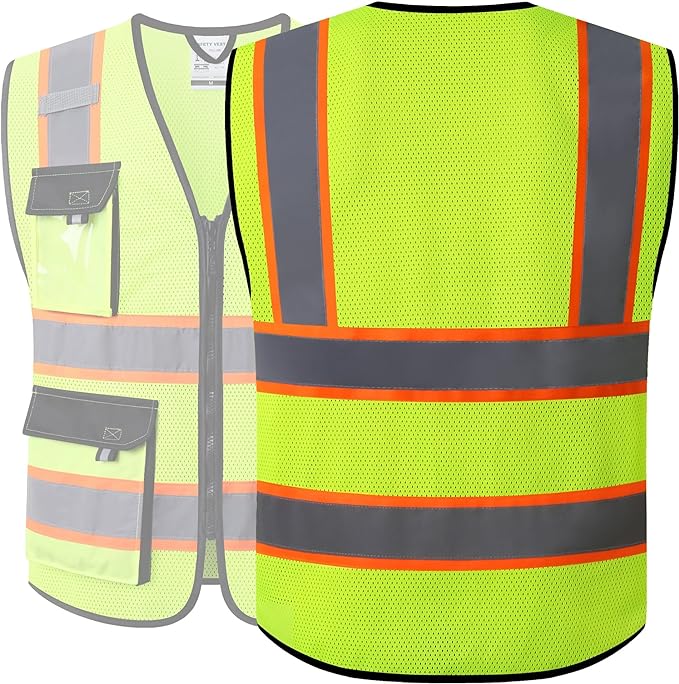 JKSafety Hi Vis Reflective Safety Vests for Men Women High Visibility Vest with Pockets Mesh Fabric Construction Safety Apparel Neon Vest for Work (220-Yellow L)