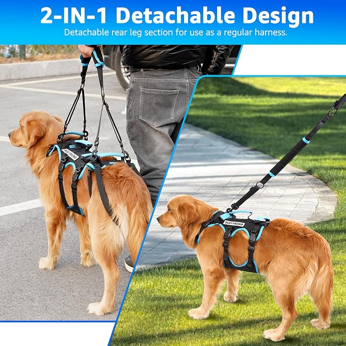 Dog Lift Harness for Extra Large Dogs, 2-in-1 Detachable Support Harness, Full Body Carrying with 4 Handles, Dog Sling for Large Dogs Hind Leg Support(Black, XX-Large)