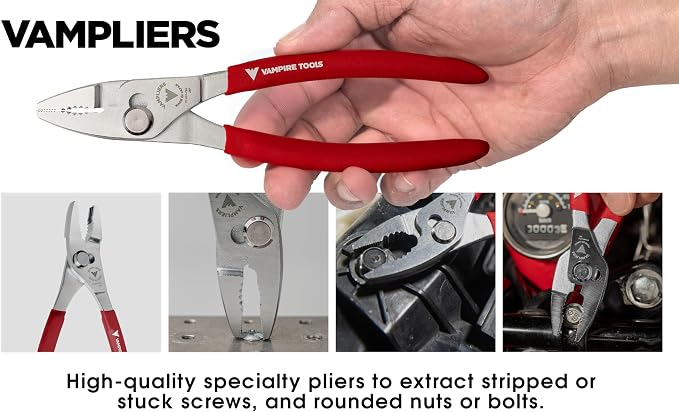 VAMPLIERS 5-PC Stripped Screw Extractor Pliers Set with Pouch Made in Japan | Professional Grade, 8" Linesman, 7" Slip Joint, 7.5" Long Nose, 6.25" Multipurpose, 5" Mini + Pouch, Removes Damaged Screws