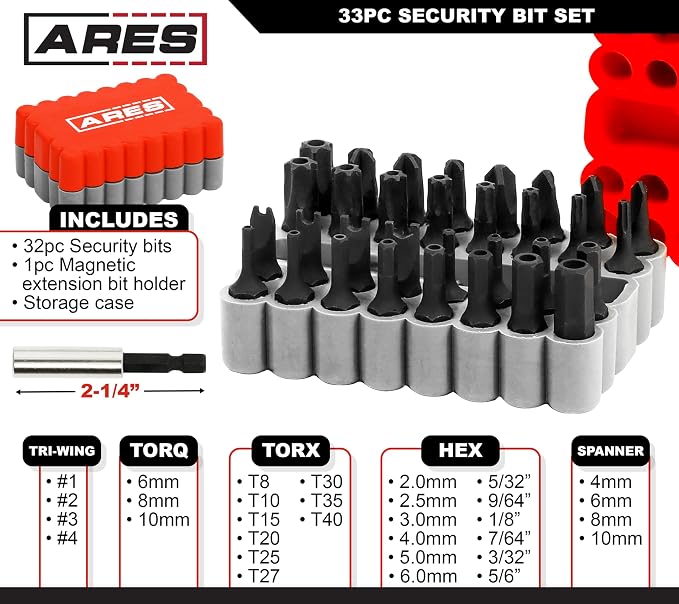 ARES 31009-33-Piece S2 Steel Security Bit Set with Magnetic Extension Bit Holder - Tamper Resistant SAE Hex, Metric Hex, Torq, Spanner, Triwing, and Torx Bits – S2 Steel Offers Maximum Durability