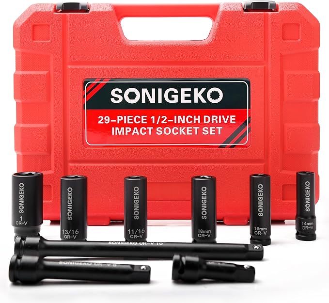 29-Piece 1/2" Drive Impact Socket Set，(3/8"-1", 10mm-24mm) | 6-Point Deep Standard SAE & Metric ,CR-V Steel Sockets with 3", 5", 10" Extension Bars and Storage Case
