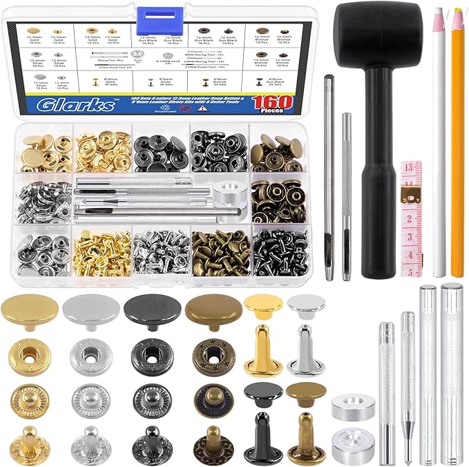 Glarks 160 Sets 2 Styles Leather Snap Fasteners Kit Including 12.5mm Metal Snap Buttons and 8 x 8mm Leather Rivets with 11Pcs Punch Hammer Setting Tools, Grease Pencils and Tape Measure