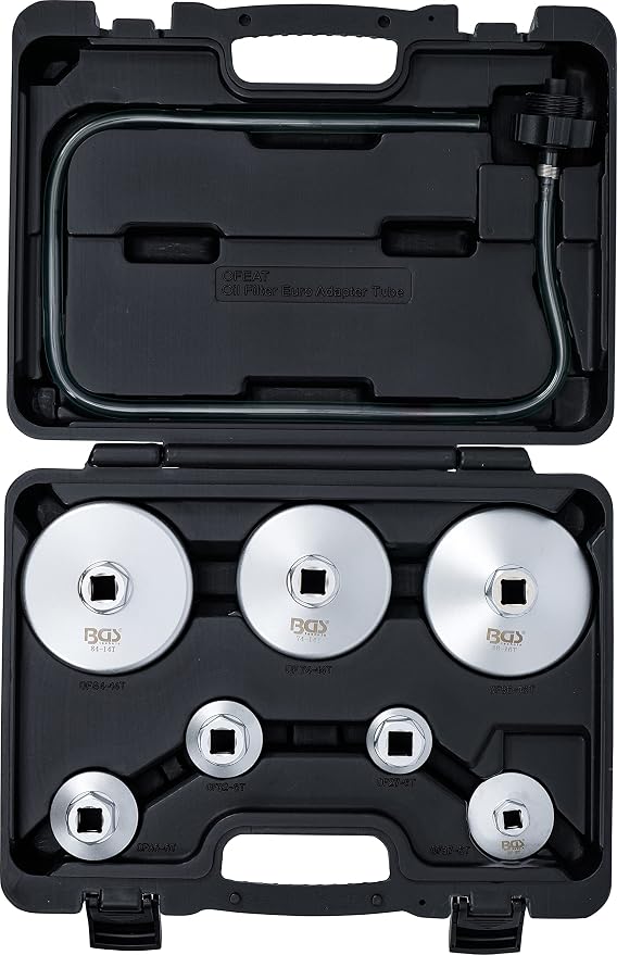BGS 72054 | Oil Filter Wrench Set | with Oil Filter Drain Hose | for VAG, BMW, Citroën, Peugeot, Ford, Mercedes-Benz, Opel / Vauxhall, Volvo | 8-pcs.