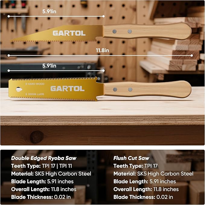 GARTOL Japanese Pull Saw Set for Woodworking - 2-Piece Hand Saw with 6 Inch Flush Cut & Double-Edged Ryoba Blade - SK5 Steel Precision Wood Cutting Tool for DIY Carpentry Trim Work