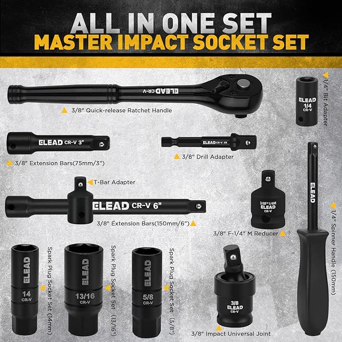 ELEAD 96-Piece 3/8" Drive Impact Socket Set, SAE(5/16 to 3/4-Inch) & Metric(8-22mm), Standard & Deep Sockets, Ratchet Handle, Bit Set, Universal Joint, Extension Bar, Adapters, Spark Plug Sockets