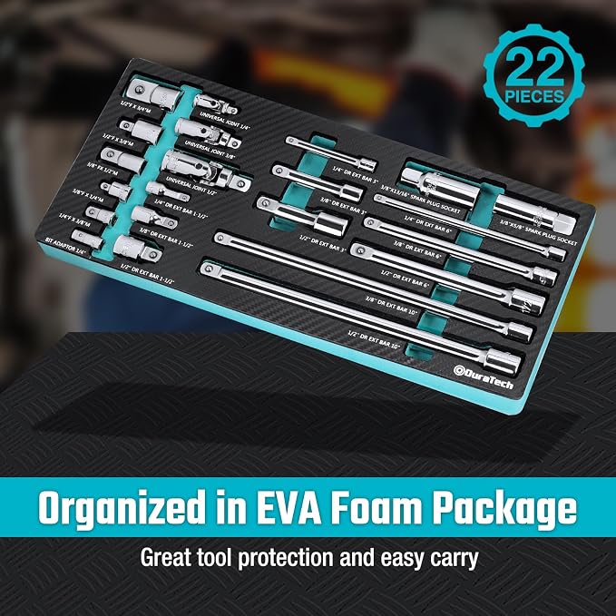 DURATECH 22-Piece Drive Tool Accessory Set with Extension Bars & Adapters | Cr-V Steel Accessories, Universal Joint Set, Spark Plug Socket Set, EVA Foam Storage Organization, Professional Tool Storage