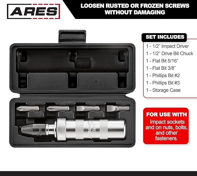 ARES 70606-1/2-Inch Manual Reversible Impact Driver - Flathead 5/16 & 3/8 and Phillips #2 & #3 Bits for Most Common Applications - Disengage Brake Caliper Screws, Rusted Fasteners or Frozen Bolts