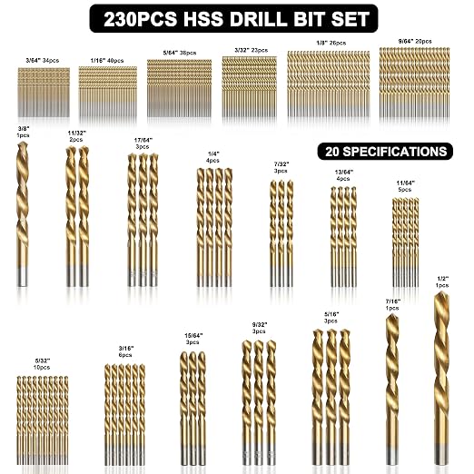 230 Pcs Drill Bit Set(1/16“-1/2”), 135° Tip Titanium Coated High Speed Steel, Twist Drill Bit Kit for Iron, Aluminum Alloy, Copper, Wood, Plastic, with Hard Storage