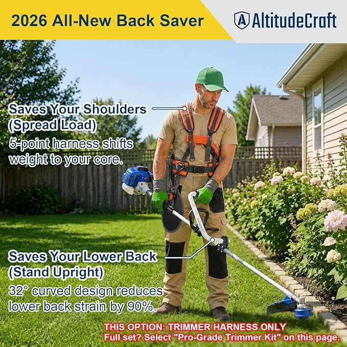 Adjustable Weed Eater Strap, Padded 5-Point Trimmer Harness | Hi-vis orange weed wacker strap harness for string trimmers and brush cutters. Designed for left- or right-handed use.