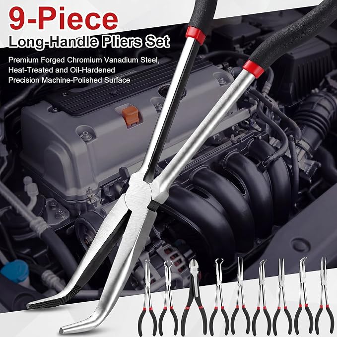 9 Piece 11 Inch Long Reach Pliers Set 45° 90° Bent, Circle, Diagonal Carbon Steel Needle Nose Pliers for Narrow Spaces and Limited Areas(Black)
