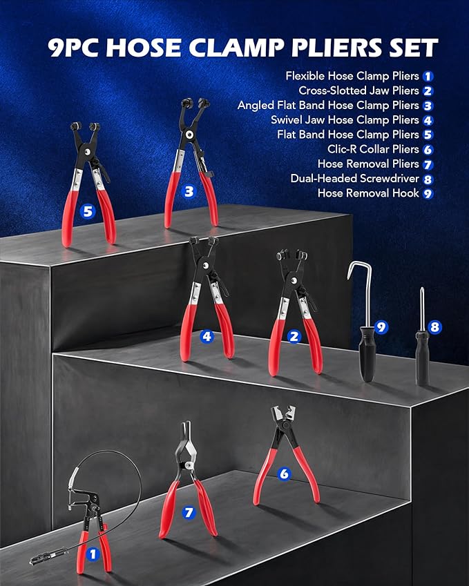 OMT Hose Clamp Pliers, Long Reach Wire Spring Remover For Radiator & Heater | Fits 11/16" To 2-1/2" Plastic & Metal Clamps, Hands-Free Locking Mechanism, Clic-R & Flat Band Pliers, Screwdriver & Hook