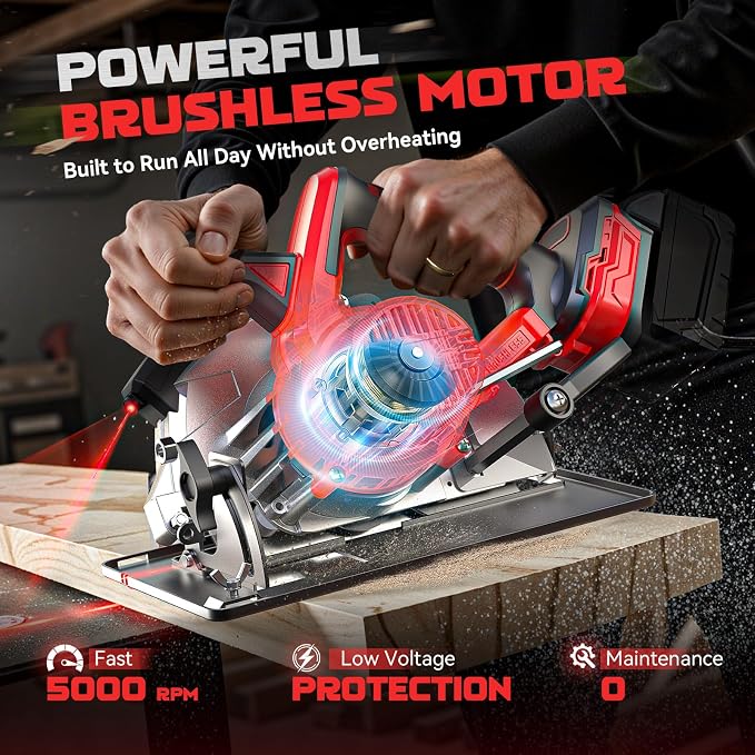 Ecarke 7-1/4" Cordless Circular Saw, Compatible with Milwaukee 18V Battery (Tool Only), Electric Circular Saw with Laser Guide, 5000RPM, 0–45° Bevel, 2-1/4" Cutting Depth, Includes 2 Blades (24T&40T)