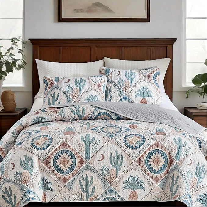 Quilts for King Bedding Set Green Bedspreads - Soft Lightweight Breathable Bedspread Comforter - Boho Cottagecore Cactus Coverlet for All Season - 3 Pieces (New-Boho Cactus, King)