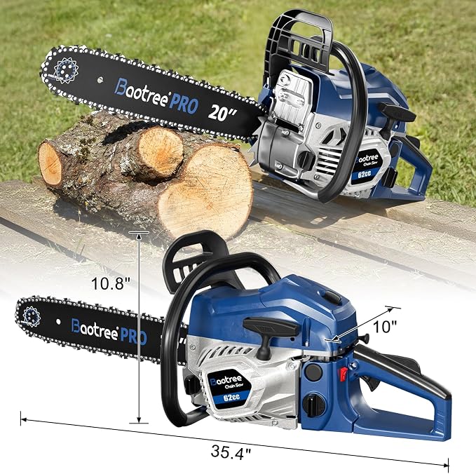 62cc 20 & 24 Inch Gas Chainsaw for Tree Cutting, Firewood, Logging | 2-Cycle Engine & Anti-Vibration System, Quick Start Technology