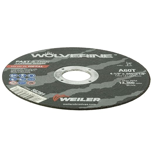 Weiler 56281 4-1/2 Inch Cutting Wheel, Wolverine AO Steel/Metal Fast Cutting, .045" A60T Type 1 7/8" Arbor, Pack of 25